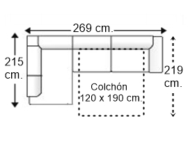Sofá esquinero 3,5 plazas con cama apertura italiana colchón de 120 x 190 cm. y brazo recto derecha