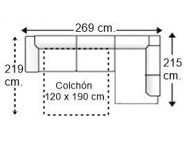 Sofá esquinero 3,5 plazas con cama apertura italiana colchón de 120 x 190 cm. y brazo recto izquierda