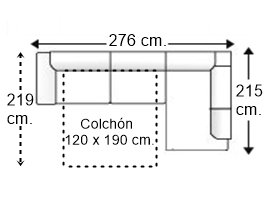 Sofá esquinero 3,5 plazas con cama apertura italiana colchón de 120 x 190 cm. y brazo siesta y arcón izquierda