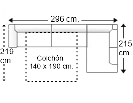Sofá esquinero 4 plazas con cama apertura italiana colchón de 140 x 190 cm. y brazo siesta y arcón izquierda