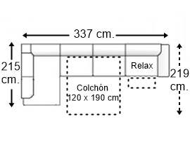 Sofá esquinero 5 plazas con cama apertura italiana colchón de 120 x 190 cm. + asiento relax y brazo recto derecha