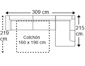 Sofá esquinero 4,5 plazas con cama apertura italiana colchón de 160 x 190 cm. y brazo recto izquierda