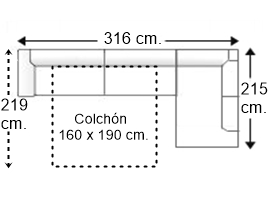 Sofá esquinero 4,5 plazas con cama apertura italiana colchón de 160 x 190 cm. y brazo siesta y arcón izquierda