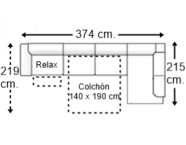 Sofá esquinero 6 plazas con cama apertura italiana colchón de 140 x 190 cm. + asiento relax y brazo siesta y arcón izquierda
