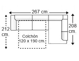 Sofá esquinero 3,5 plazas con cama apertura italiana colchón de 120 x 190 cm. y brazo recto izquierda
