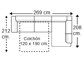 Sofá cama esquinero 3,5 plazas con cama apertura italiana colchón de 120 x 190 cm. brazo siesta y arcón izquierda