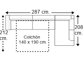 Sofá esquinero 4 plazas con cama apertura italiana colchón de 140 x 190 cm. y brazo recto izquierda