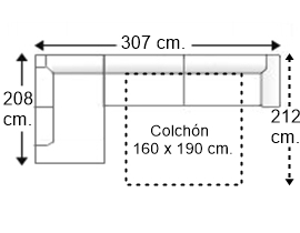 Sofá esquinero 4,5 plazas con cama apertura italiana colchón de 160 x 190 cm. y brazo recto derecha