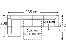 Sofá esquinero 5 plazas con cama apertura italiana colchón de 120 x 190 cm. + asiento deslizante brazo recto derecha
