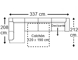 Sofá esquinero 5 plazas con cama apertura italiana colchón de 120 x 190 cm. + asiento deslizante brazo siesta y arcón derecha