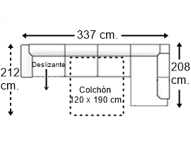 Sofá esquinero 5 plazas con cama apertura italiana colchón de 120 x 190 cm. + asiento deslizante brazo siesta y arcón izquierda