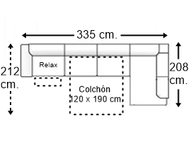 Sofá esquinero 5 plazas con cama apertura italiana colchón de 120 x 190 cm. + asiento relax brazo recto izquierda