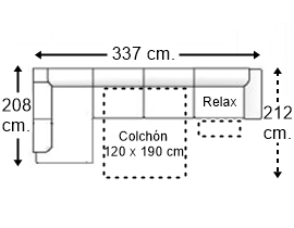 Sofá esquinero 5 plazas con cama apertura italiana colchón de 120 x 190 cm. + asiento relax brazo siesta y arcón derecha