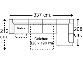 Sofá esquinero 5 plazas con cama apertura italiana colchón de 120 x 190 cm. + asiento relax brazo siesta y arcón izquierda