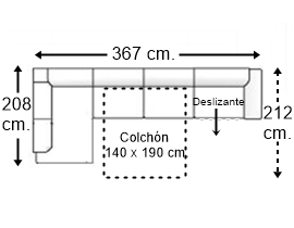 Sofá esquinero 6 plazas con cama apertura italiana colchón de 140 x 190 cm. + asiento deslizante brazo siesta y arcón derecha