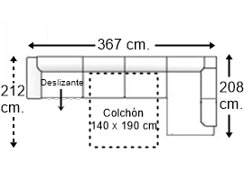 Sofá esquinero 6 plazas con cama apertura italiana colchón de 140 x 190 cm. + asiento deslizante brazo siesta y arcón izquierda