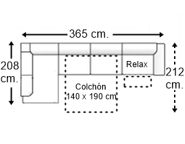 Sofá esquinero 6 plazas con cama apertura italiana colchón de 140 x 190 cm. + asiento relax brazo recto derecha