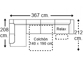 Sofá esquinero 6 plazas con cama apertura italiana colchón de 140 x 190 cm. + asiento relax brazo siesta y arcón derecha