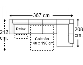 Sofá esquinero 6 plazas con cama apertura italiana colchón de 140 x 190 cm. + asiento relax brazo siesta y arcón izquierda
