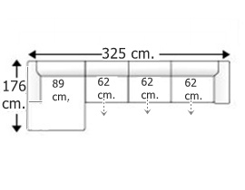 Sofá 3,5 plazas con 3 asientos y chaise longue derecha.