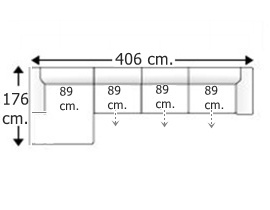 Sofá 6 plazas con 3 asientos y chaise longue derecho.
