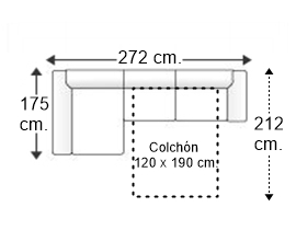 Sofá 2,5 plazas con cama apertura italiana colchón de 120 x 190 cm. con chaise longue derecha y brazos rectos de 25 cm.