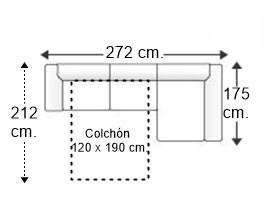 Sofá 2,5 plazas con cama apertura italiana colchón de 120 x 190 cm. con chaise longue izquierda y brazos rectos de 25 cm.