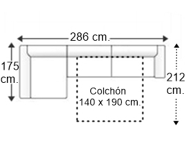 Sofá 3 plazas con cama apertura italiana colchón de 140 x 190 cm. con chaise longue derecha y brazos siesta y arcón de 22 cm.