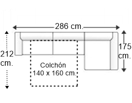 Sofá 3 plazas con cama apertura italiana colchón de 140 x 190 cm. con chaise longue izquierda y brazos siesta y arcón de 22 cm.