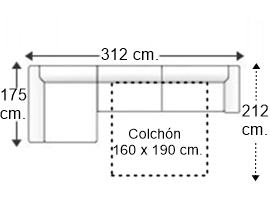 Sofá 3,5 plazas con cama apertura italiana colchón de 160 x 190 cm. con chaise longue derecha y brazos rectos de 25 cm.