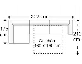 Sofá 3,5 plazas con cama apertura italiana colchón de 160 x 190 cm. con chaise longue derecha y brazos rectos de 20 cm.