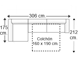 Sofá 3,5 plazas con cama apertura italiana colchón de 160 x 190 cm. con chaise longue derecha y brazos siesta y arcón de 22 cm.