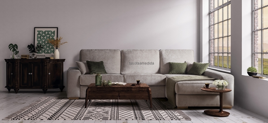 Sofá chaise longue arcón convertible en cama tapizado en tela repelente a líquidos Lyon color tierra.
