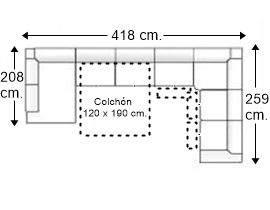 Sofá rinconera 7 plazas con cama apertura italiana colchón de 120 x 190 cm. + 3 asientos relax izquierda