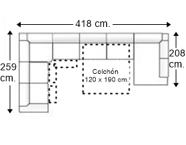 Sofá rinconera 7 plazas con cama apertura italiana colchón de 120 x 190 cm. + 3 asientos relax derecha