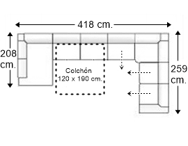 Sofá rinconera 7 plazas con cama apertura italiana colchón de 120 x 190 cm. + 3 asientos deslizantes izqda