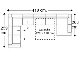 Sofá rinconera 7 plazas con cama apertura italiana colchón de 120 x 190 cm. + 3 asientos deslizantes dcha