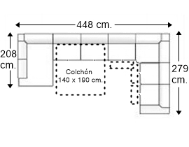 Sofá rinconera 8 plazas con cama apertura italiana colchón de 140 x 190 cm. + 3 asientos relax izquierda