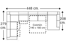 Sofá rinconera 8 plazas con cama apertura italiana colchón de 140 x 190 cm. + 3 asientos relax derecha