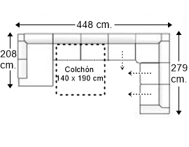 Sofá rinconera 8 plazas con cama apertura italiana colchón de 140 x 190 cm. + 3 asientos deslizantes izqda