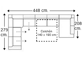 Sofá rinconera 8 plazas con cama apertura italiana colchón de 140 x 190 cm. + 3 asientos deslizantes dcha