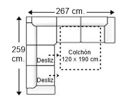 Sofá rinconera 5 plazas con cama apertura italiana colchón de 120 x 190 cm. + 2 asientos deslizantes dcha