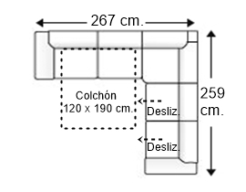 Sofá rinconera 5 plazas con cama apertura italiana colchón de 120 x 190 cm. + 2 asientos deslizantes izqda