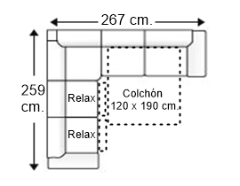 Sofá rinconera 5 plazas con cama apertura italiana colchón de 120 x 190 cm. + 2 asientos relax derecha