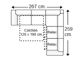 Sofá rinconera 5 plazas con cama apertura italiana colchón de 120 x 190 cm. + 2 asientos relax izquierda
