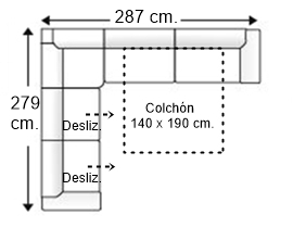 Sofá rinconera 6 plazas con cama apertura italiana colchón de 140 x 190 cm. + 2 asientos deslizantes dcha