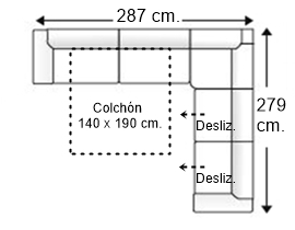 Sofá rinconera 6 plazas con cama apertura italiana colchón de 140 x 190 cm. + 2 asientos deslizantes izqda