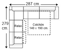 Sofá rinconera 6 plazas con cama apertura italiana colchón de 140 x 190 cm. + 2 asientos relax derecha