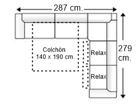 Sofá rinconera 6 plazas con cama apertura italiana colchón de 140 x 190 cm. + 2 asientos relax izquierda